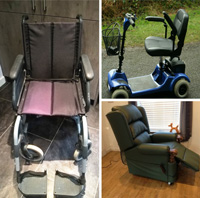 A compilation of donated disability equipment photos: a black manual wheelchair; a blue mobility scooter and a dark riser recliner chair.